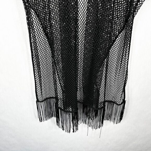 Just Be One Size Swim Cover Up Mesh Tasseled Black Swimwear Short Sleeve 1222 - Picture 6 of 7